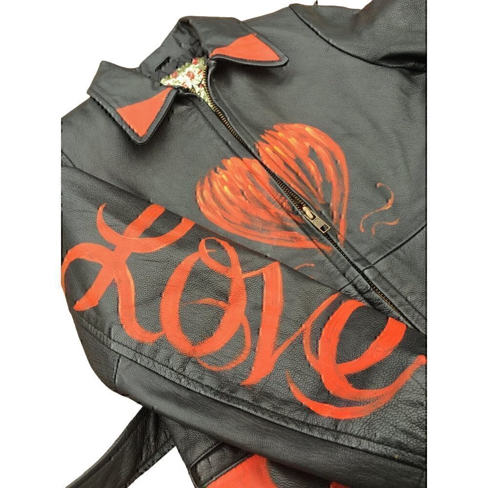 Vintage black leather, belted jacket, hand painted images - cherub and hearts